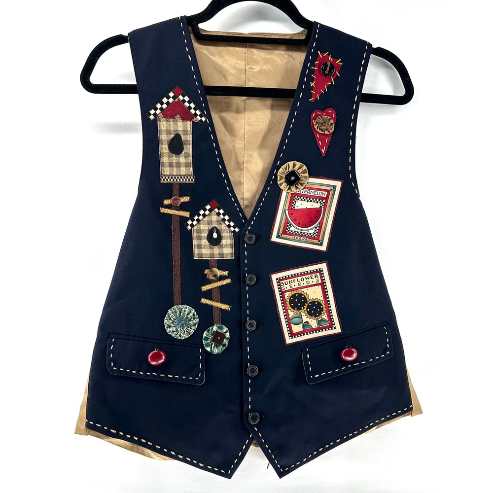 LAGENLOOK GARDEN Navy PATCHWORK Cottage Core FOLK ART Embellished Vest WOMENS M - Picture 1 of 5
